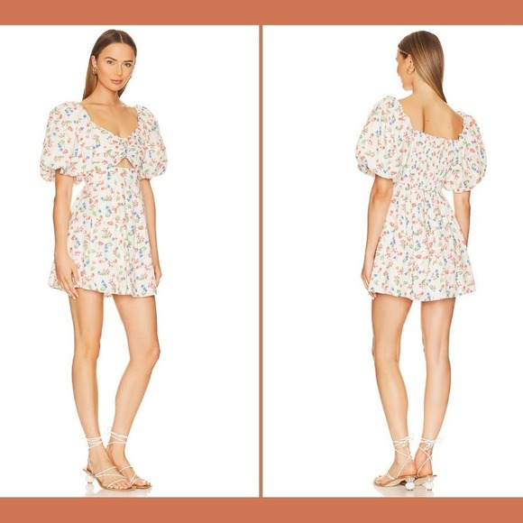 ASTR The Label Serilda Medium Mini Dress Linen Floral Puff Sleeve Smocked Cutout - Picture 3 of 10